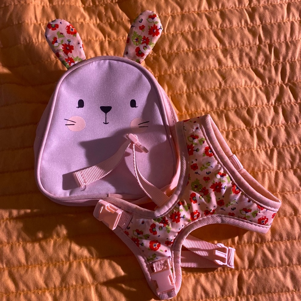 New Small dog harness and attachable bunny backpack.